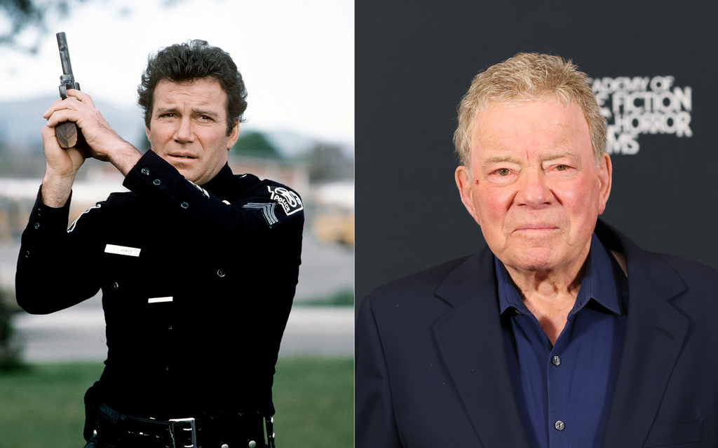 A split image shows William Shatner in his younger years in police uniform holding a gun as T.J. Hooker, alongside a recent photo of him in a navy blazer.