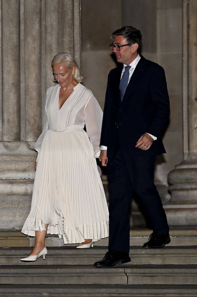British Prime Minister Andy Burnham and his wife Marie-France van Heel leave after attending a viewing of the Bayeux Tapestry Exhibition at British Museum 