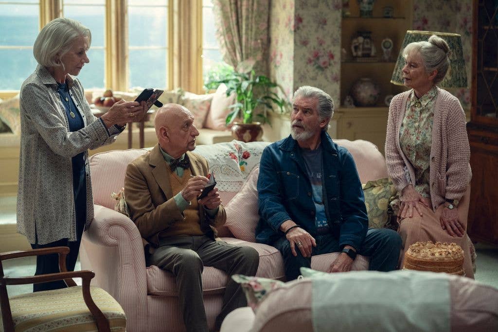 Helen Mirren, Sir Ben Kingsley, Pierce Brosnan, and Celia Imrie in The Thursday Murder Club 