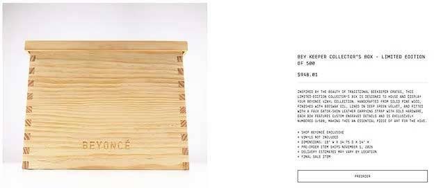 Wooden box with Beyonce written on the bottom next to a product description