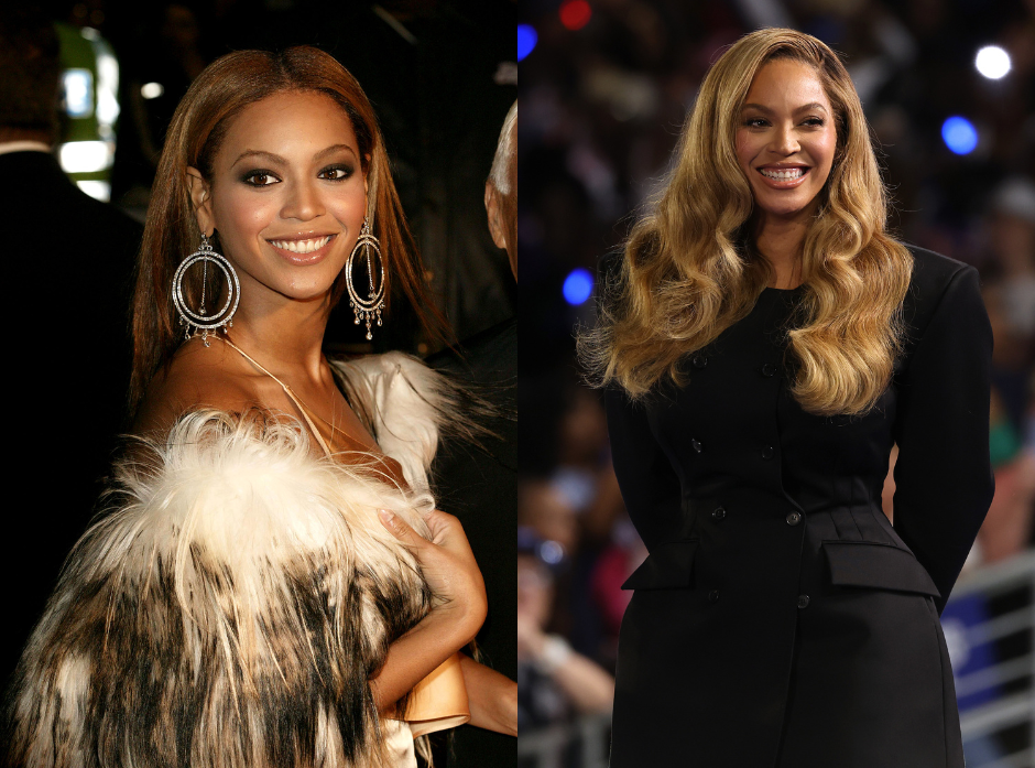 Split image of Beyonce. Shown on the left in 2003 wearing a feather jacket over a strappy dress and large hoop earrings. On the right in 2024 wearing a formal black dress with a higher neckline.
