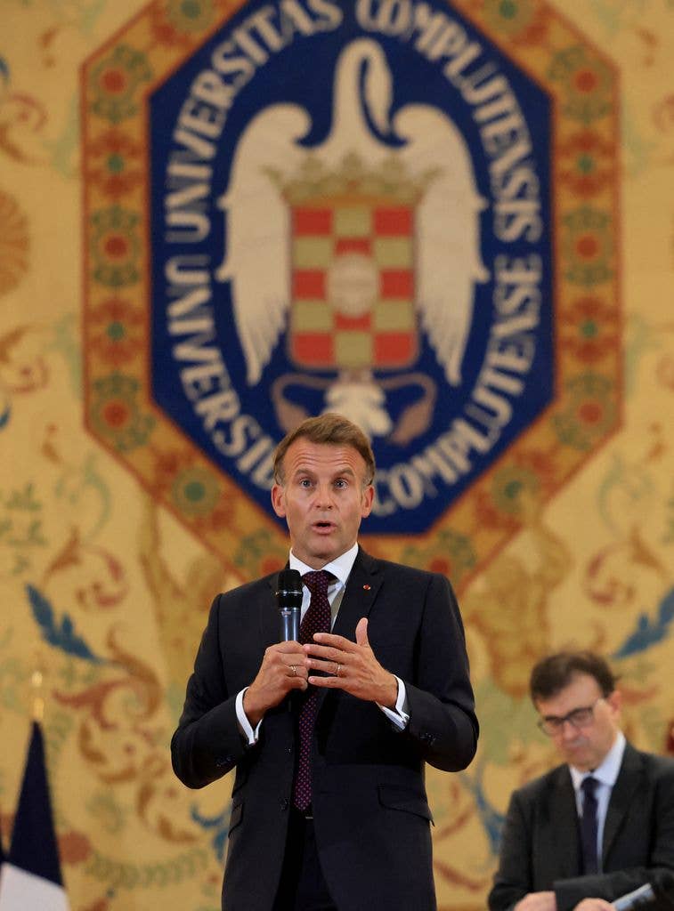 French President Emmanuel Macron delivers a speech to students during a 'Democracy, youth and social networks: meeting the challenges of digital technology' conference at Madrid's Complutense University on September 29, 2026. French President Emmanuel Macron is on a two-day official visit in Spain.