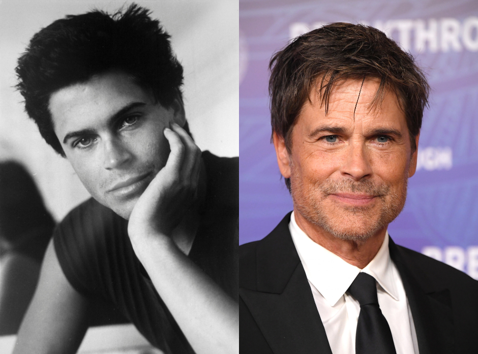 Split image of Rob Lowe. On the left, resting his chin in his hand in a black and white snapshot of the actor, dated 1986. On the right, a colour photograph of the actor in a suit at the Breakthrough Prize Ceremony in 2026.