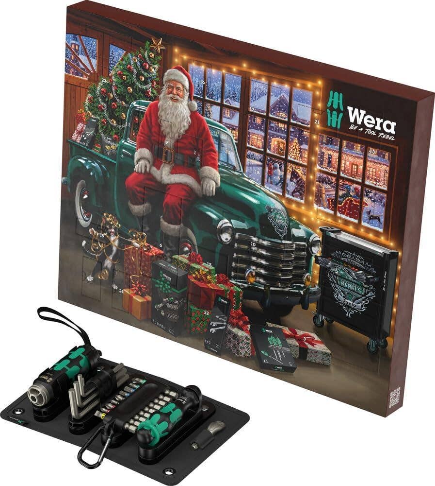 wera tool advent calendar showing Santa Claus sitting on a vintage green truck with gifts, next to a tool set