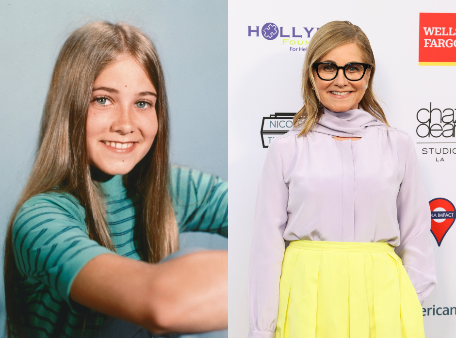 Split image of Maureen McCormick. On the left, in 1972. On the right, in 2024.