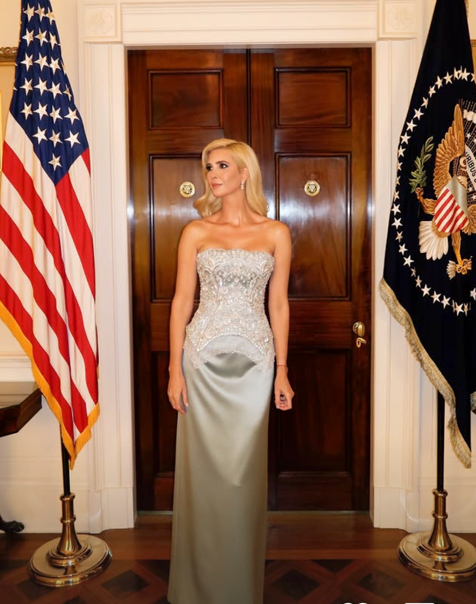 For the evening, Ivanka transformed her look in a strapless Georges Hobeika gown with a sparkling embellished bodice and sleek satin skirt.
