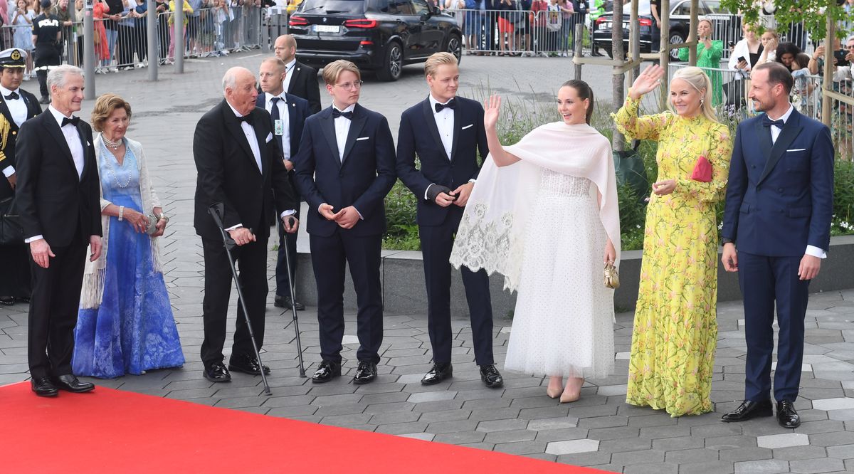 OSLO, NORWAY- JUNE 16: Norwegian Prime Minister Jonas Gahr Store, King Harald, Queen Sonja, Marius Borg Hoiby, Princess Ingrid Alexandra, Prince Sverre Magnus, Crown Prince Haakon and Crown Princess Mette-Marit attend the celebrations of Princess Ingrid Alexandra's Official Day at Deichman Museum on June 16, 2022 in Oslo, Norway. (Photo by Rune Hellestad/Getty Images)
