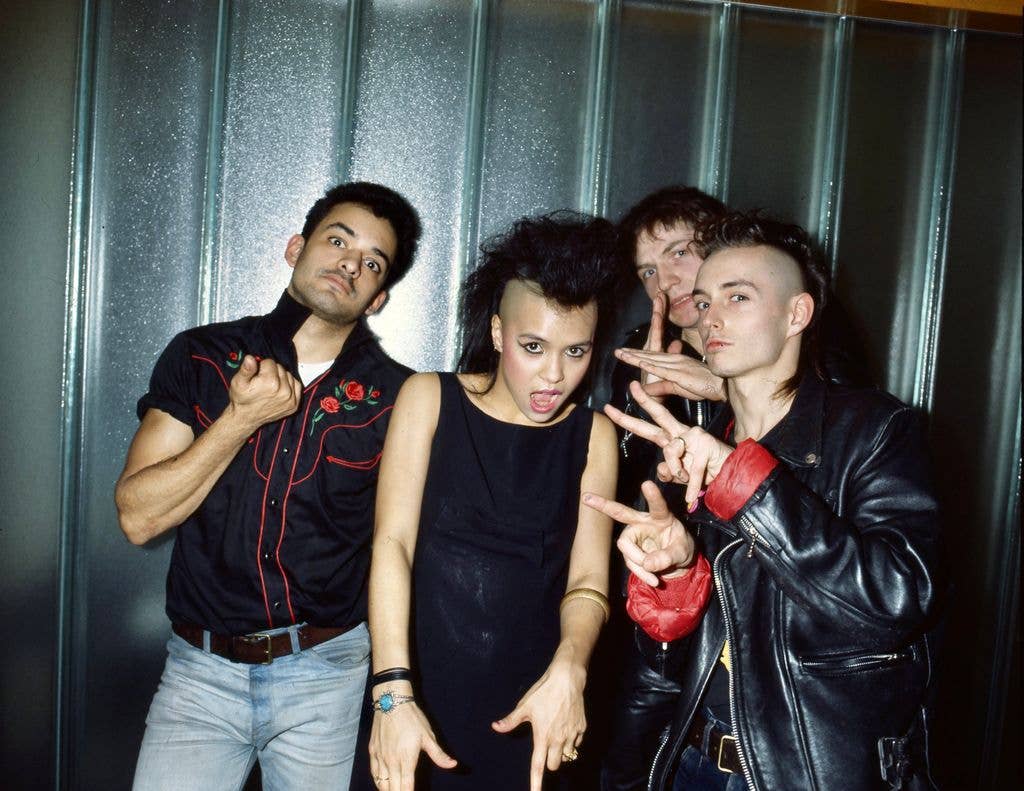 David Barbarossa, Matthew Ashman, Annabella Lwin, Leigh Gorman posing as part of Bow Wow Wow