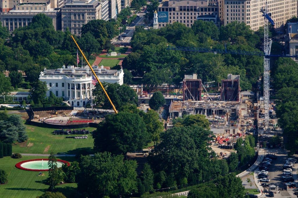 Construction continues on a new helipad on the South Lawn of the White House and the East Wing ballroom on August 6, 2026 in Washington, DC