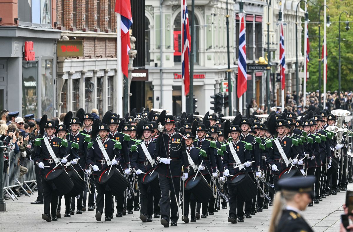 Honour guards parade before the casket of late King Harald V of Norway is transferred during a royal procession from the Royal Palace Chapel to the Cathedral in Oslo on September 9, 2026.