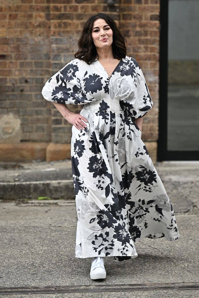 Nigella Lawson in a black and white floral dress