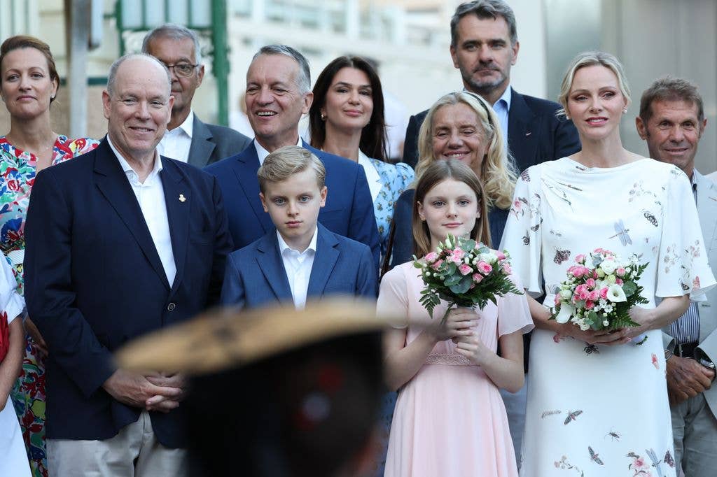 Princess Gabriella complemented her mother's soft palette in a pale pink dress with a square neckline and short, sheer flutter sleeves