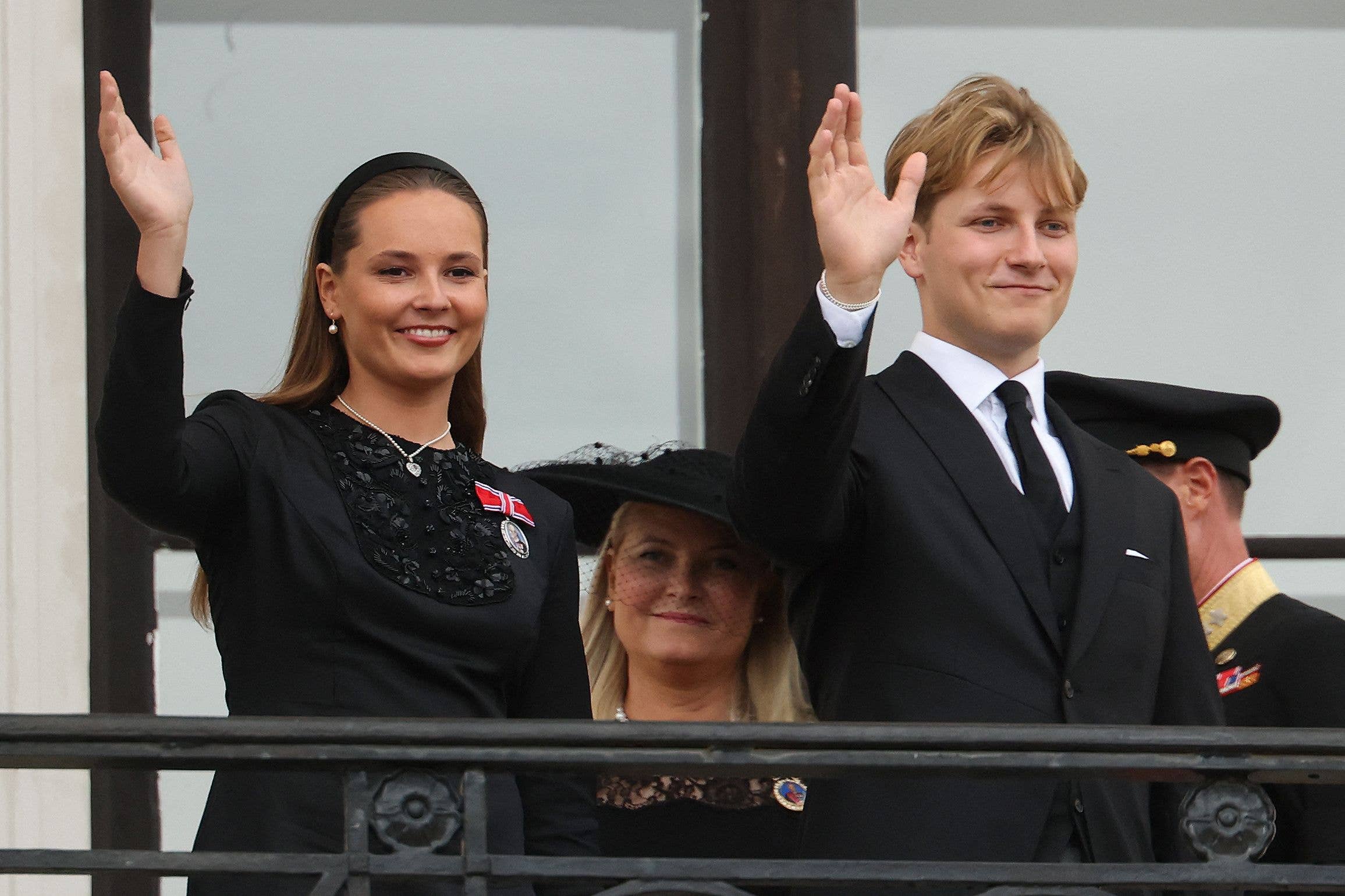 Crown Princess Ingrid Alexandra of Norway and Prince Sverre Magnus of Norway wave to the public from the balcony of the Royal Palace in Oslo, Norway, after Norway's late King Harald V was laid to rest at Akershus Castle, on September 9, 2026